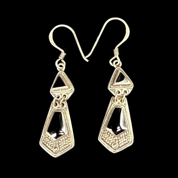 925 BOMA Sterling Silver Earrings Dangle Drops Black Onyx Vintage Estate 6.9g - Picture 4 of 12